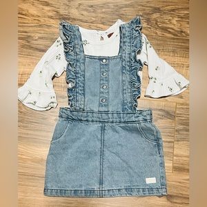 7 For All Mankind ruffle denim dress outfit, floral bell sleeves, overalls style